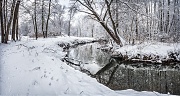 Зимний пейзаж. Река течет заснеженном парке